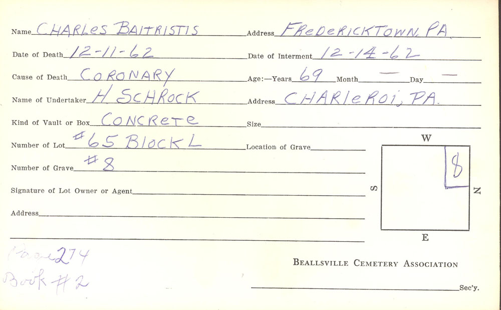 Charles Baltrisitis burial card